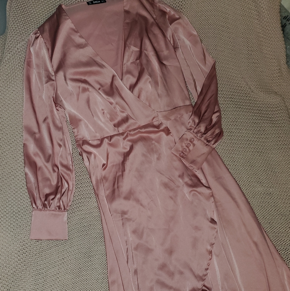 Shein pink high low wrap dress with long sleeves